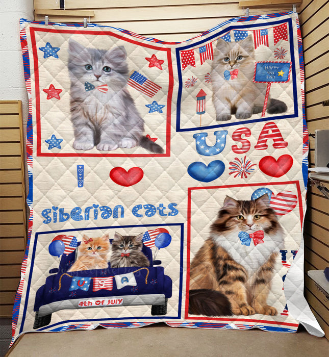 4th of July Independence Day I Love USA Siberian Cats Quilt Bed Coverlet Bedspread - Pets Comforter Unique One-side Animal Printing - Soft Lightweight Durable Washable Polyester Quilt