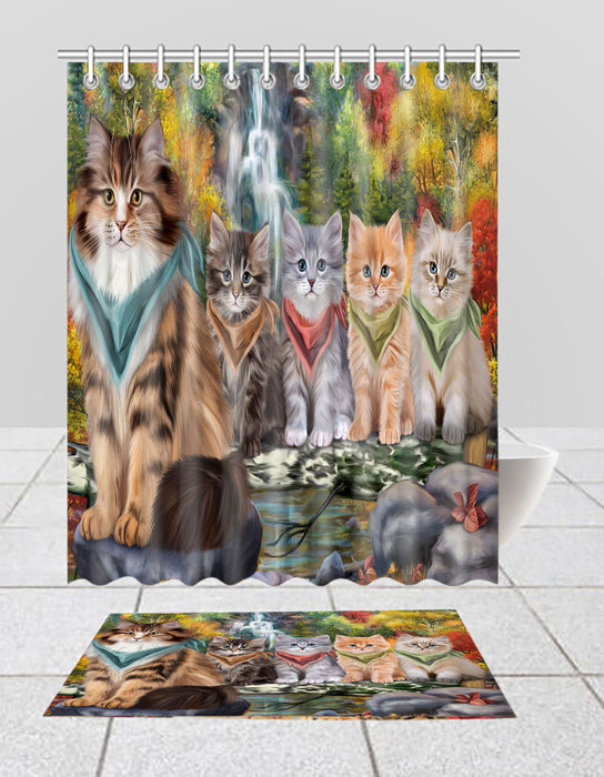 Scenic Waterfall Siberian Cats Bath Mat and Shower Curtain Combo