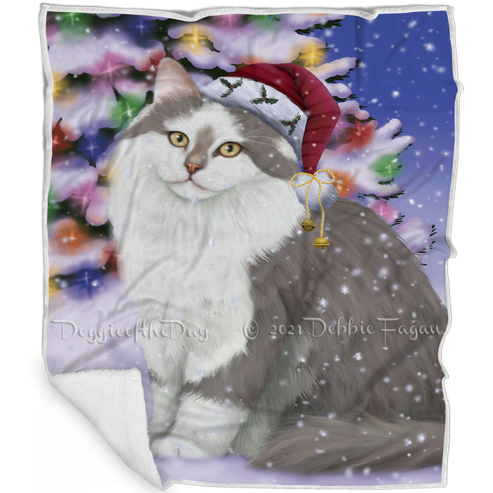 Winterland Wonderland Siberian Cat In Christmas Holiday Scenic Background Blanket BLNKT120936