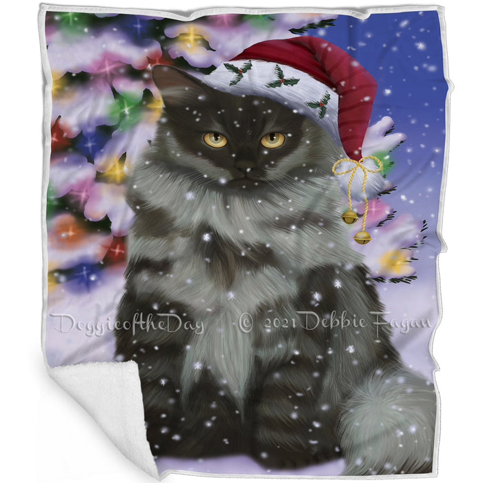 Winterland Wonderland Siberian Cat In Christmas Holiday Scenic Background Blanket BLNKT120945