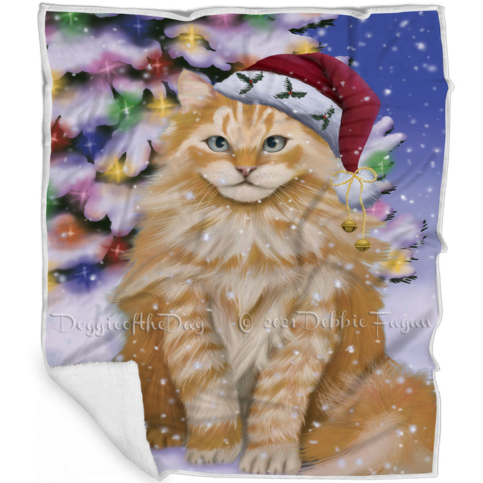 Winterland Wonderland Siberian Cat In Christmas Holiday Scenic Background Blanket BLNKT120954