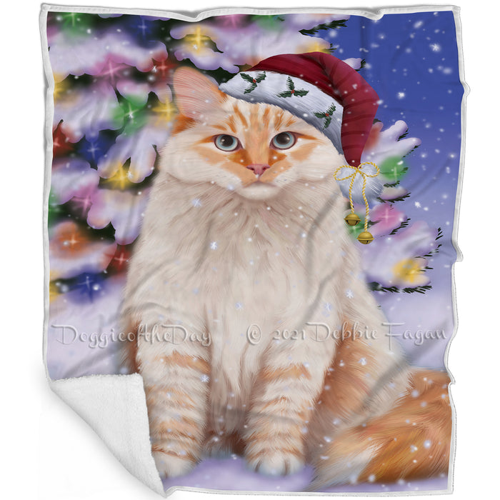 Winterland Wonderland Siberian Cat In Christmas Holiday Scenic Background Blanket BLNKT120963