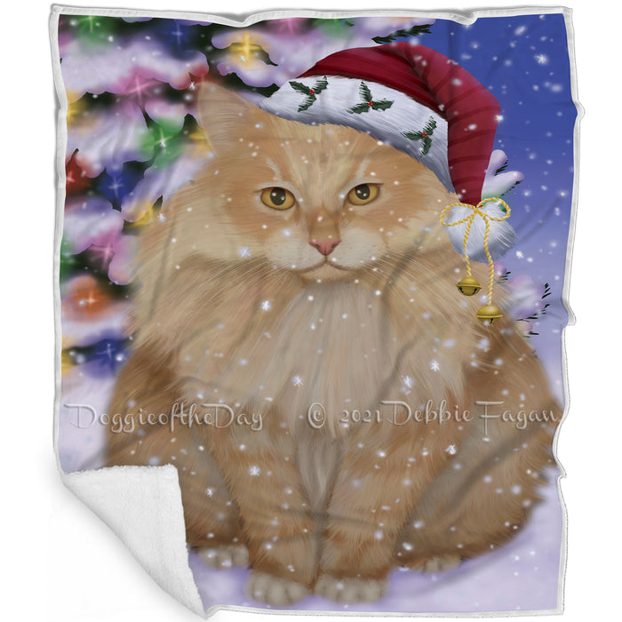 Winterland Wonderland Siberian Cat In Christmas Holiday Scenic Background Blanket BLNKT120972