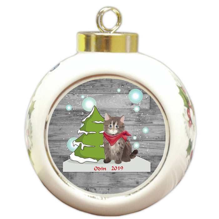 Custom Personalized Winter Scenic Tree and Presents Siberian Cat Christmas Round Ball Ornament