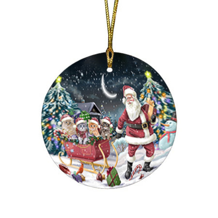 Santa Sled Christmas Happy Holidays Siberian Cats Round Flat Christmas Ornament RFPOR54371