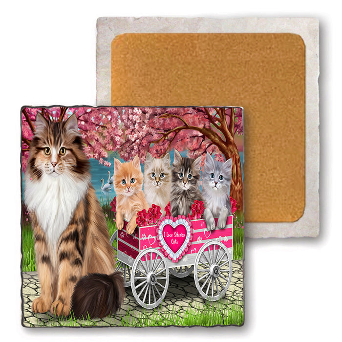 I Love Siberian Cats in a Cart Set of 4 Natural Stone Marble Tile Coasters MCST49212