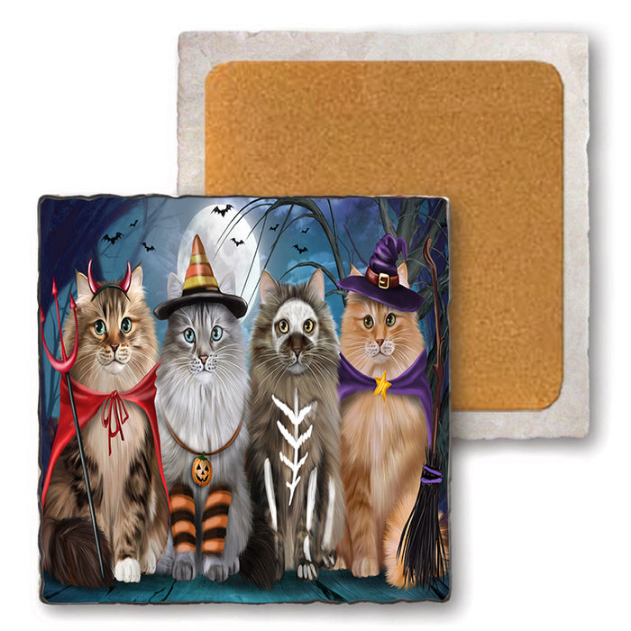 Happy Halloween Trick or Treat Siberian Cats Set of 4 Natural Stone Marble Tile Coasters MCST49486