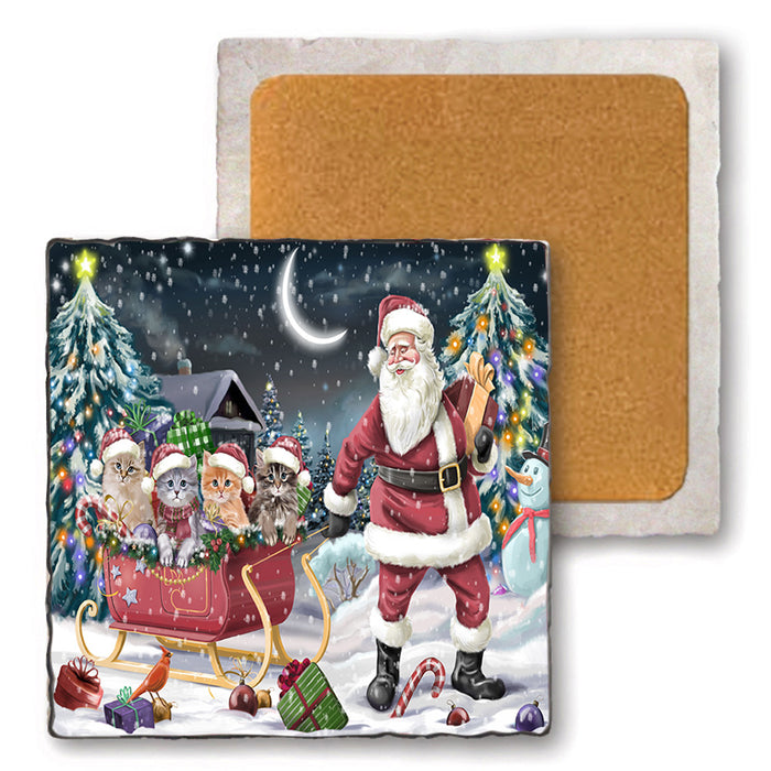 Santa Sled Christmas Happy Holidays Siberian Cats Set of 4 Natural Stone Marble Tile Coasters MCST49380