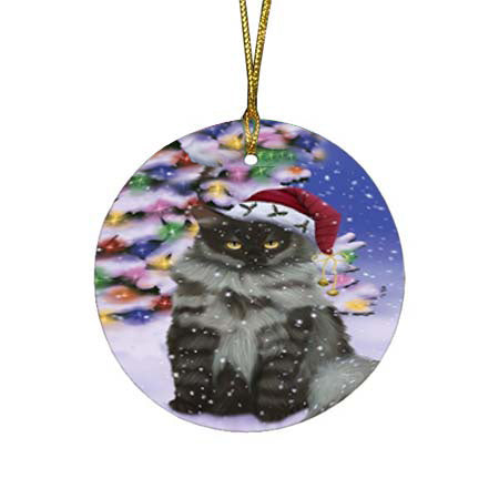 Winterland Wonderland Siberian Cat In Christmas Holiday Scenic Background Round Flat Christmas Ornament RFPOR56080