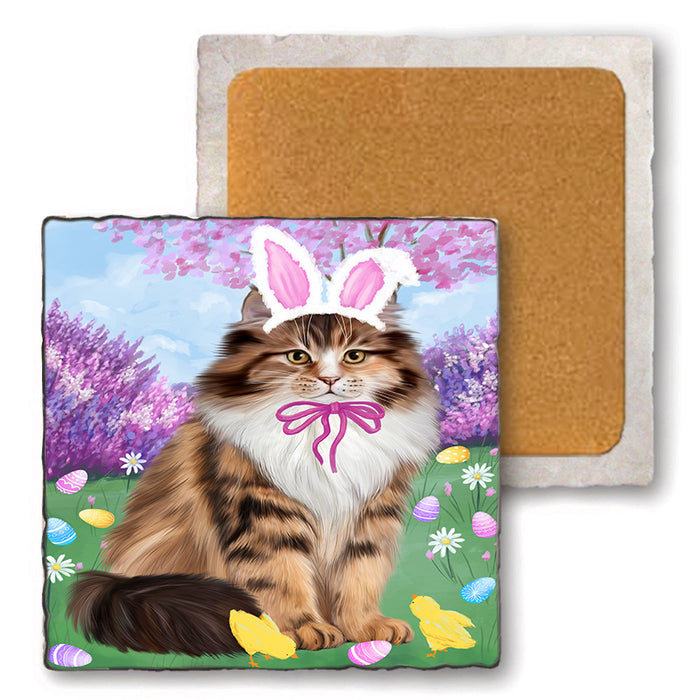 Easter Holiday Siberian Cat Set of 4 Natural Stone Marble Tile Coasters MCST51936