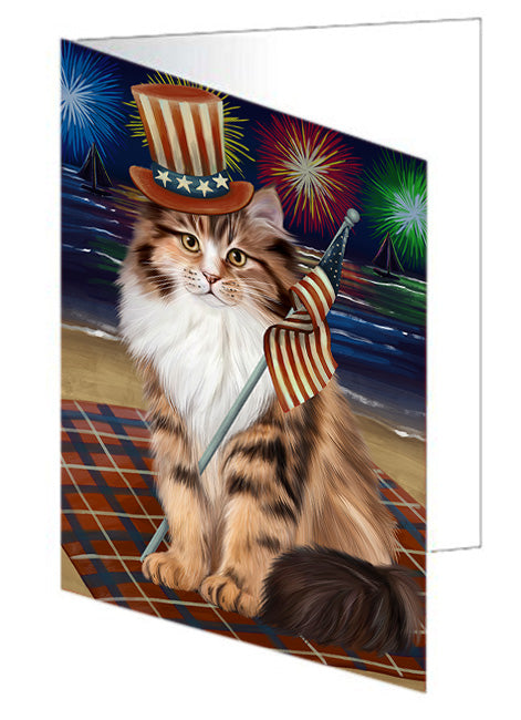 4th of July Independence Day Firework Siberian Cat Handmade Artwork Assorted Pets Greeting Cards and Note Cards with Envelopes for All Occasions and Holiday Seasons GCD76061