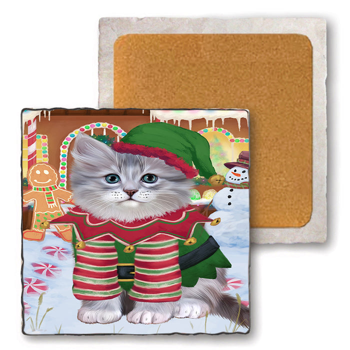 Christmas Gingerbread House Candyfest Siberian Cat Set of 4 Natural Stone Marble Tile Coasters MCST51560