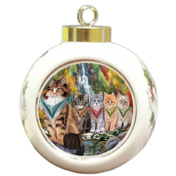 Scenic Waterfall Siberian Cats Round Ball Christmas Ornament RBPOR54810