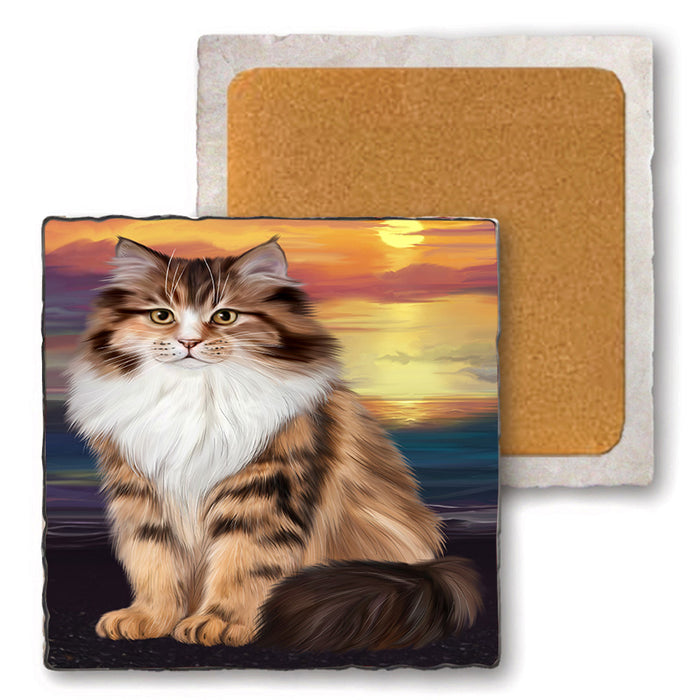 Siberian Cat Set of 4 Natural Stone Marble Tile Coasters MCST49630