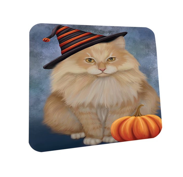 Happy Halloween Siberian Cat Wearing Witch Hat with Pumpkin Coasters Set of 4 CST54766