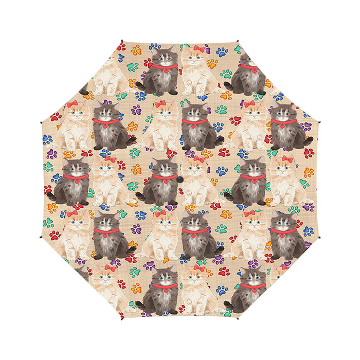 Rainbow Paw Print Siberian Cats Blue Semi-Automatic Foldable Umbrella