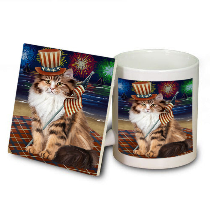 4th of July Independence Day Firework Siberian Cat Mug and Coaster Set MUC56841