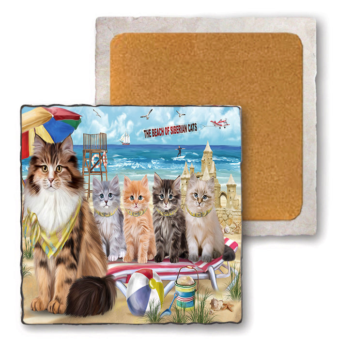 Pet Friendly Beach Siberian Cats Set of 4 Natural Stone Marble Tile Coasters MCST49185