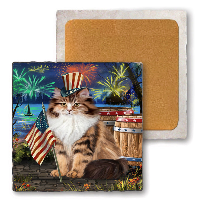 4th of July Independence Day Firework Siberian Cat Set of 4 Natural Stone Marble Tile Coasters MCST49076