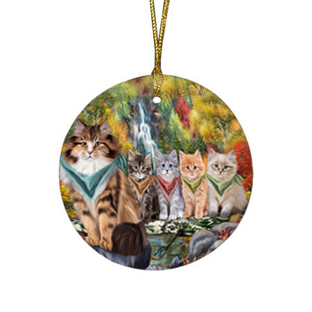 Scenic Waterfall Siberian Cats Round Flat Christmas Ornament RFPOR54801
