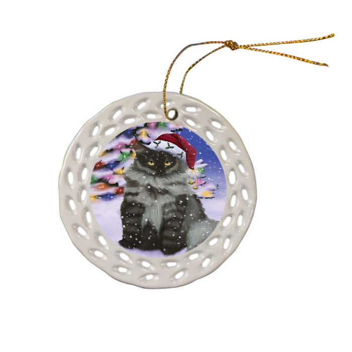 Winterland Wonderland Siberian Cat In Christmas Holiday Scenic Background Ceramic Doily Ornament DPOR56080