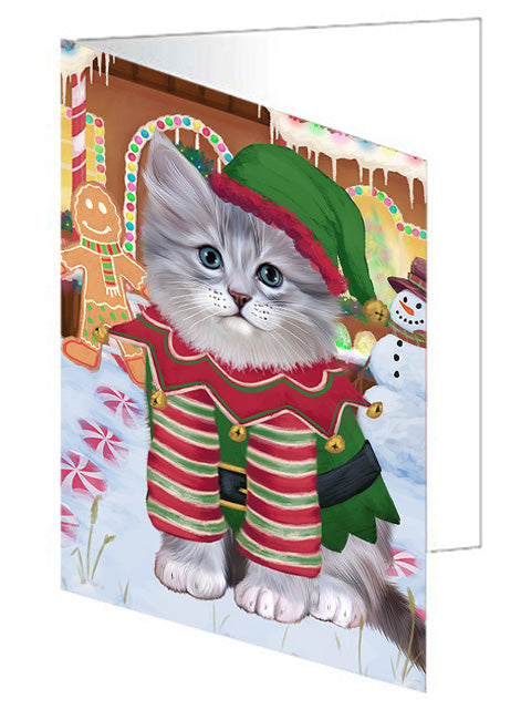 Christmas Gingerbread House Candyfest Siberian Cat Handmade Artwork Assorted Pets Greeting Cards and Note Cards with Envelopes for All Occasions and Holiday Seasons GCD74195