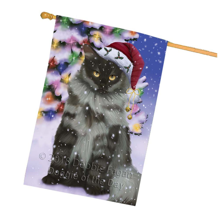 Winterland Wonderland Siberian Cat In Christmas Holiday Scenic Background House Flag FLG56153