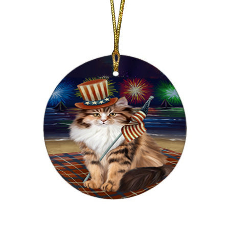 4th of July Independence Day Firework Siberian Cat Round Flat Christmas Ornament RFPOR57250