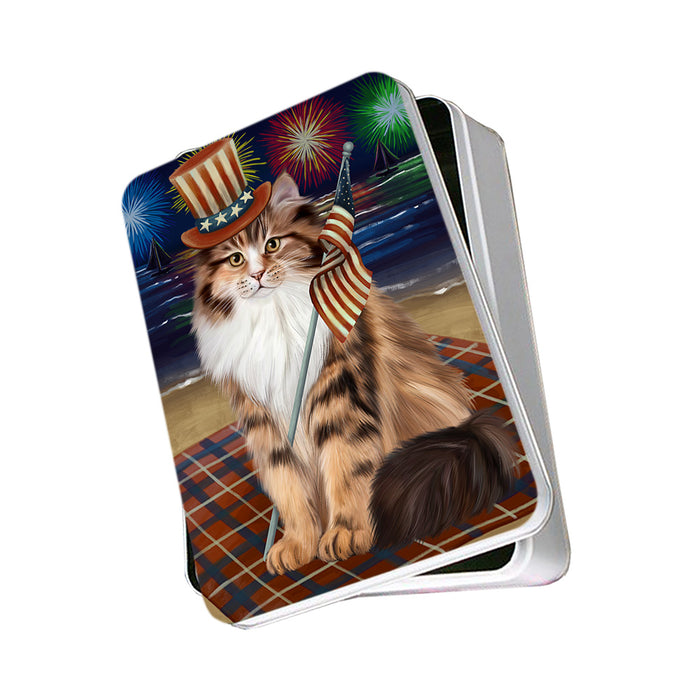 4th of July Independence Day Firework Siberian Cat Photo Storage Tin PITN56792