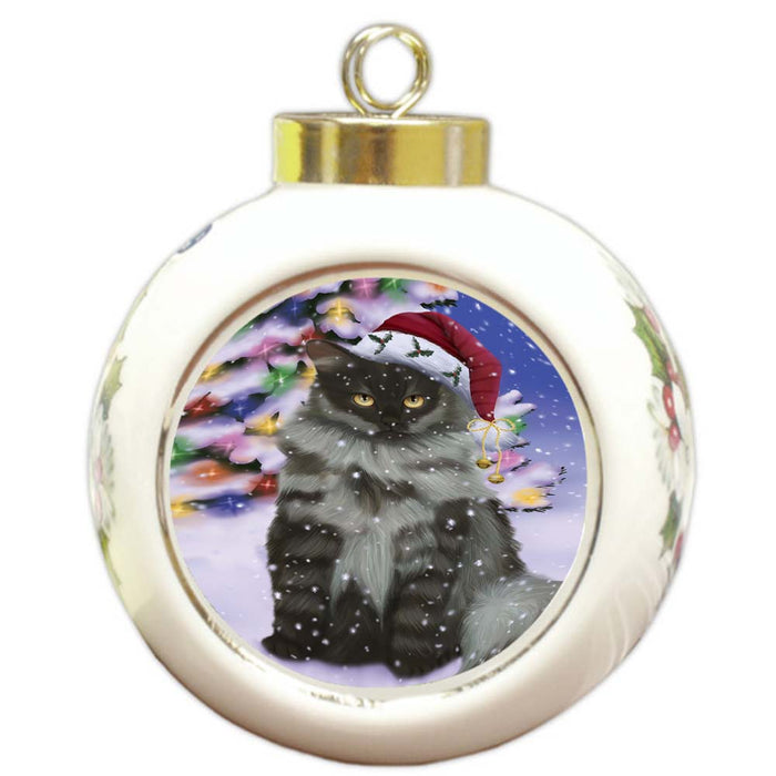 Winterland Wonderland Siberian Cat In Christmas Holiday Scenic Background Round Ball Christmas Ornament RBPOR56080