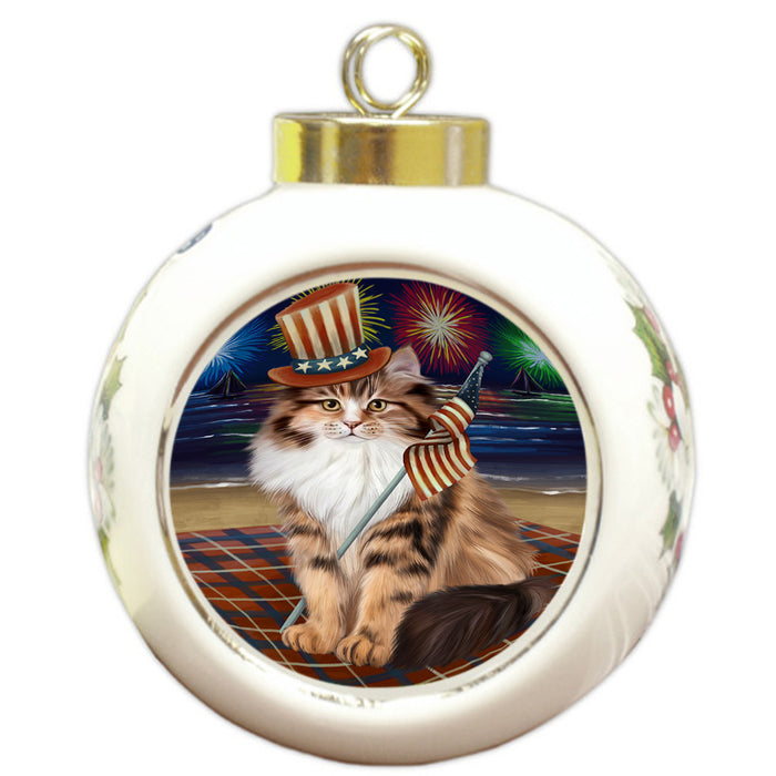 4th of July Independence Day Firework Siberian Cat Round Ball Christmas Ornament RBPOR57250