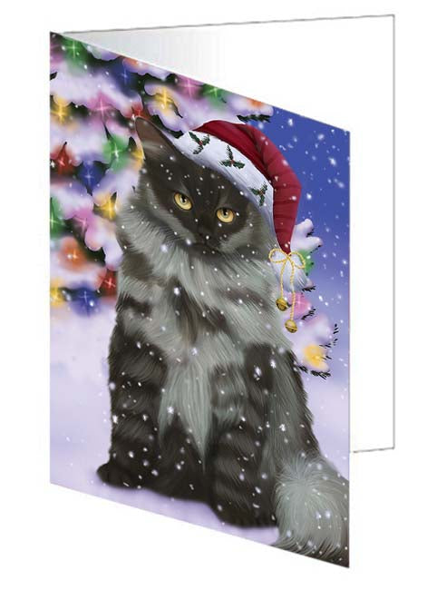 Winterland Wonderland Siberian Cat In Christmas Holiday Scenic Background Handmade Artwork Assorted Pets Greeting Cards and Note Cards with Envelopes for All Occasions and Holiday Seasons GCD71687