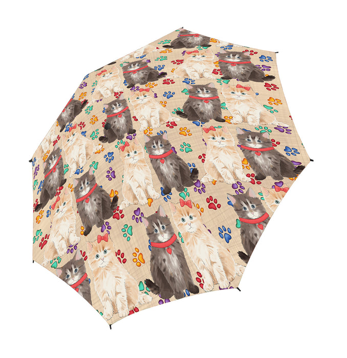 Rainbow Paw Print Siberian Cats Blue Semi-Automatic Foldable Umbrella