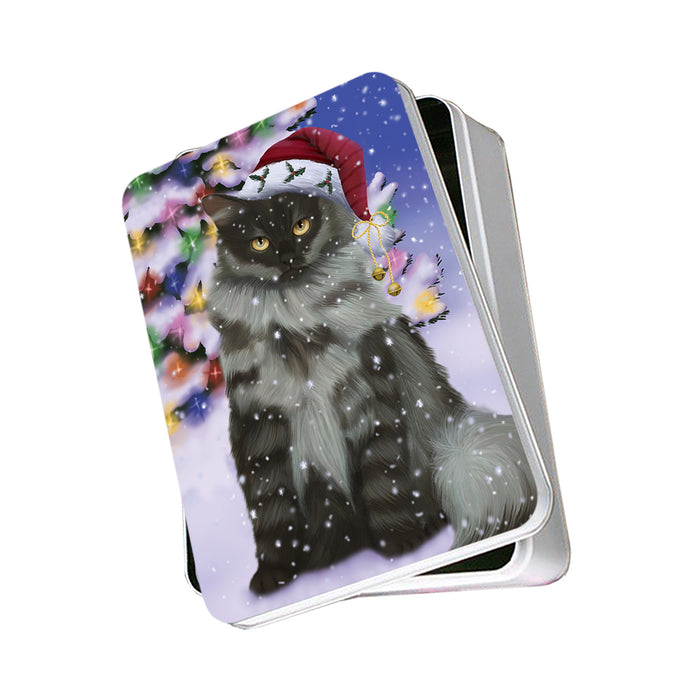 Winterland Wonderland Siberian Cat In Christmas Holiday Scenic Background Photo Storage Tin PITN55667