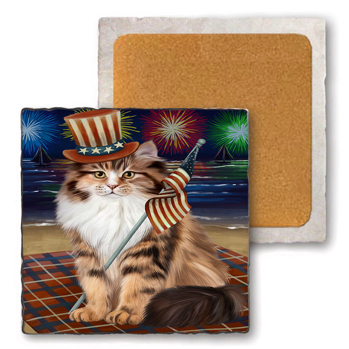 4th of July Independence Day Firework Siberian Cat Set of 4 Natural Stone Marble Tile Coasters MCST51849