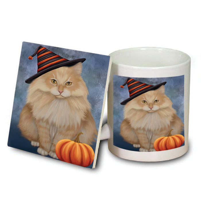 Happy Halloween Siberian Cat Wearing Witch Hat with Pumpkin Mug and Coaster Set MUC54800
