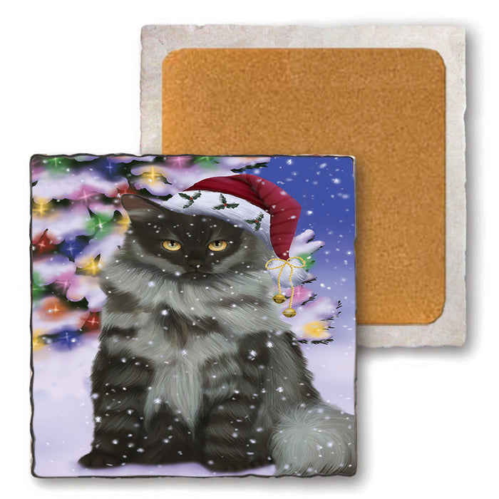 Winterland Wonderland Siberian Cat In Christmas Holiday Scenic Background Set of 4 Natural Stone Marble Tile Coasters MCST50724
