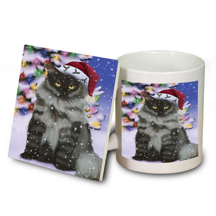 Winterland Wonderland Siberian Cat In Christmas Holiday Scenic Background Mug and Coaster Set MUC55716