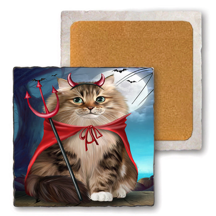 Happy Halloween Trick or Treat Siberian Cat Set of 4 Natural Stone Marble Tile Coasters MCST49528