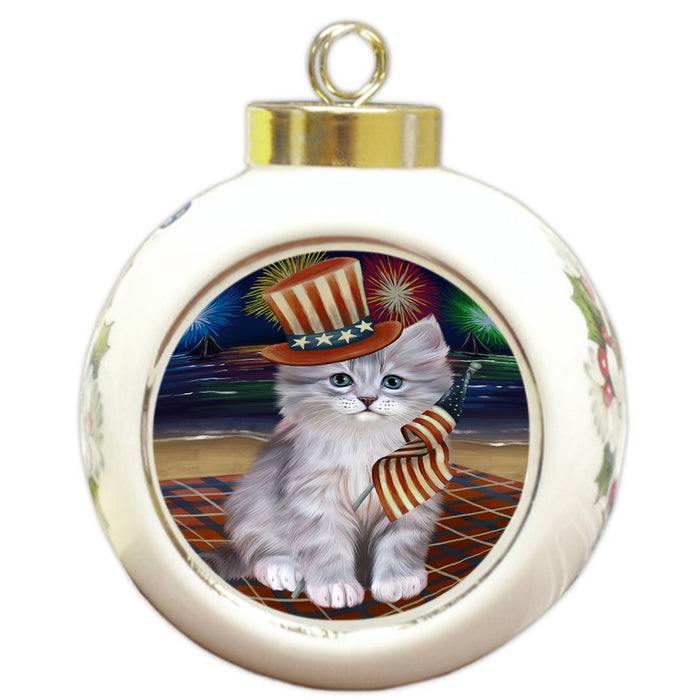 4th of July Independence Day Firework Siberian Cat Round Ball Christmas Ornament RBPOR57251