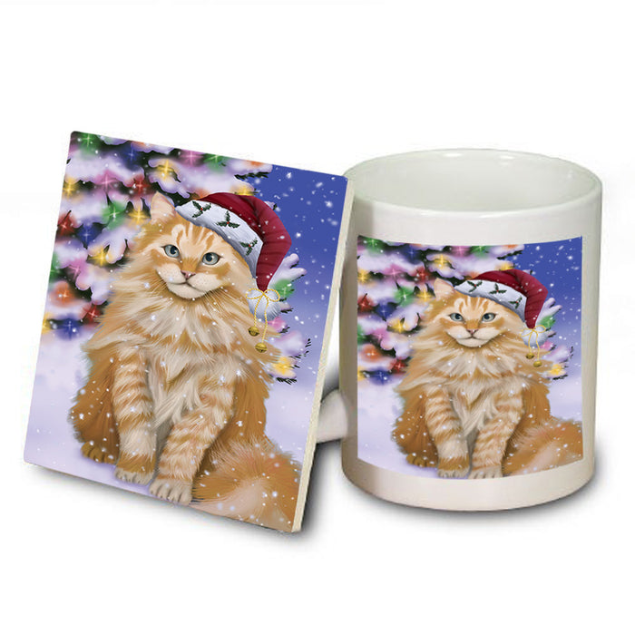 Winterland Wonderland Siberian Cat In Christmas Holiday Scenic Background Mug and Coaster Set MUC55717