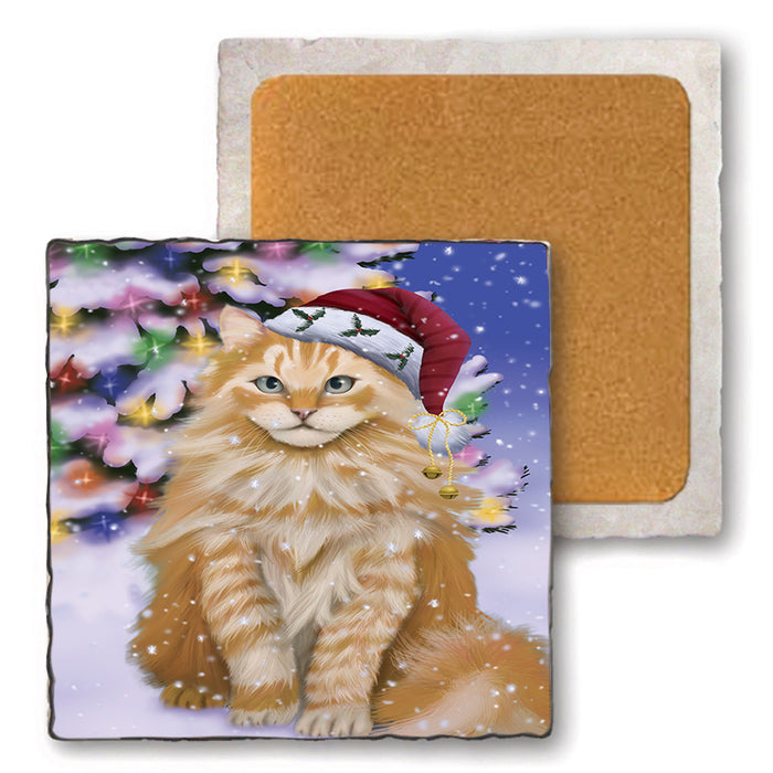 Winterland Wonderland Siberian Cat In Christmas Holiday Scenic Background Set of 4 Natural Stone Marble Tile Coasters MCST50725