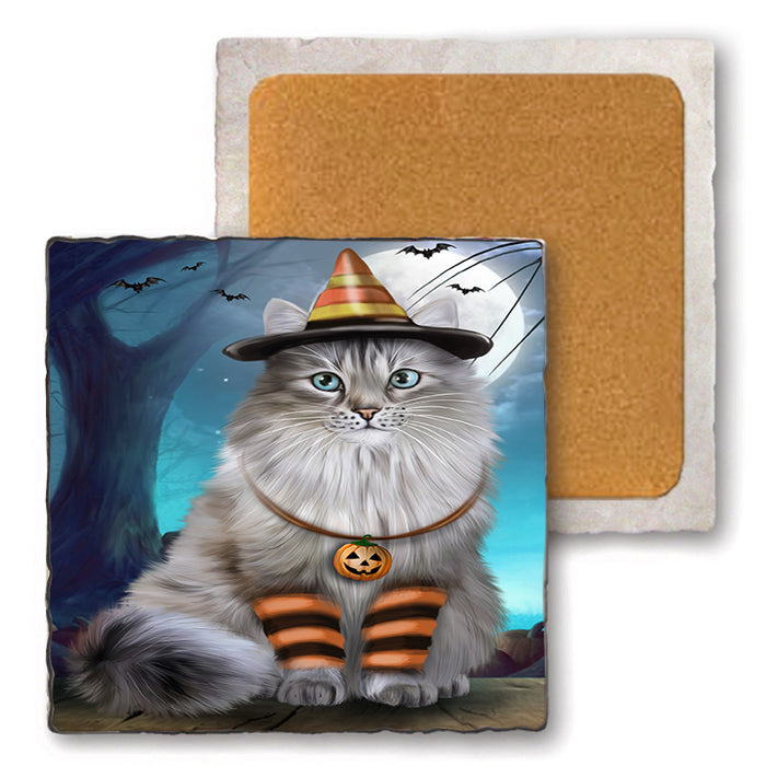Happy Halloween Trick or Treat Siberian Cat Set of 4 Natural Stone Marble Tile Coasters MCST49529