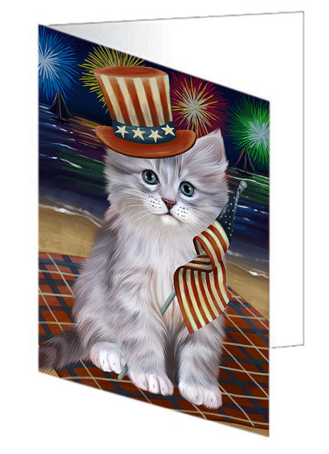 4th of July Independence Day Firework Siberian Cat Handmade Artwork Assorted Pets Greeting Cards and Note Cards with Envelopes for All Occasions and Holiday Seasons GCD76064