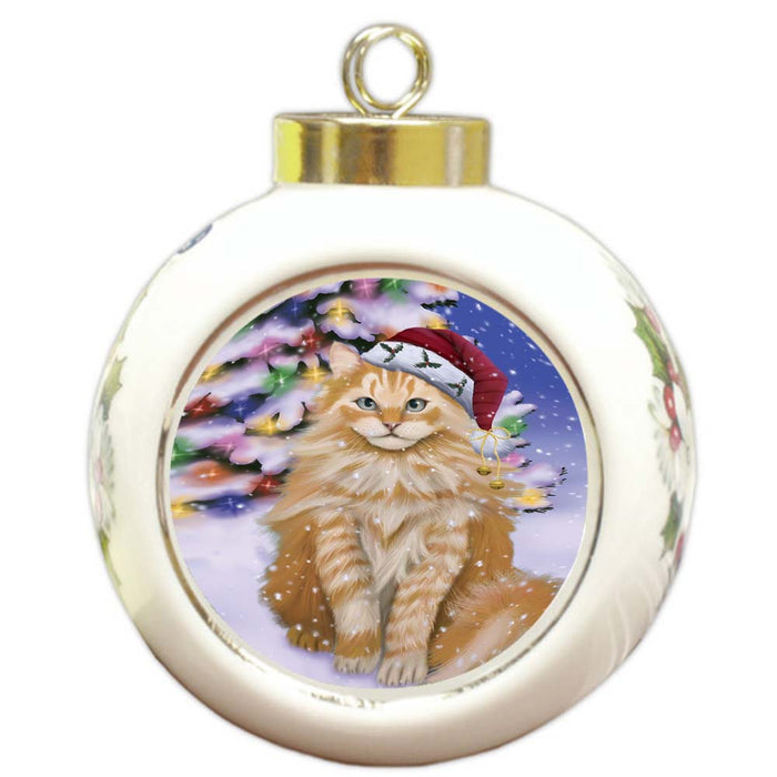 Winterland Wonderland Siberian Cat In Christmas Holiday Scenic Background Round Ball Christmas Ornament RBPOR56081