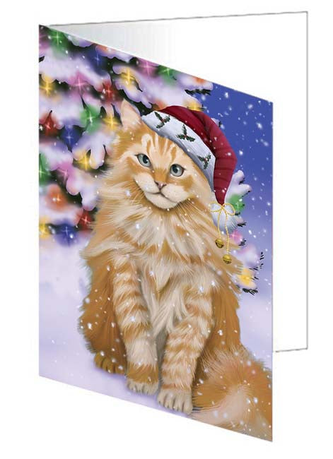 Winterland Wonderland Siberian Cat In Christmas Holiday Scenic Background Handmade Artwork Assorted Pets Greeting Cards and Note Cards with Envelopes for All Occasions and Holiday Seasons GCD71690