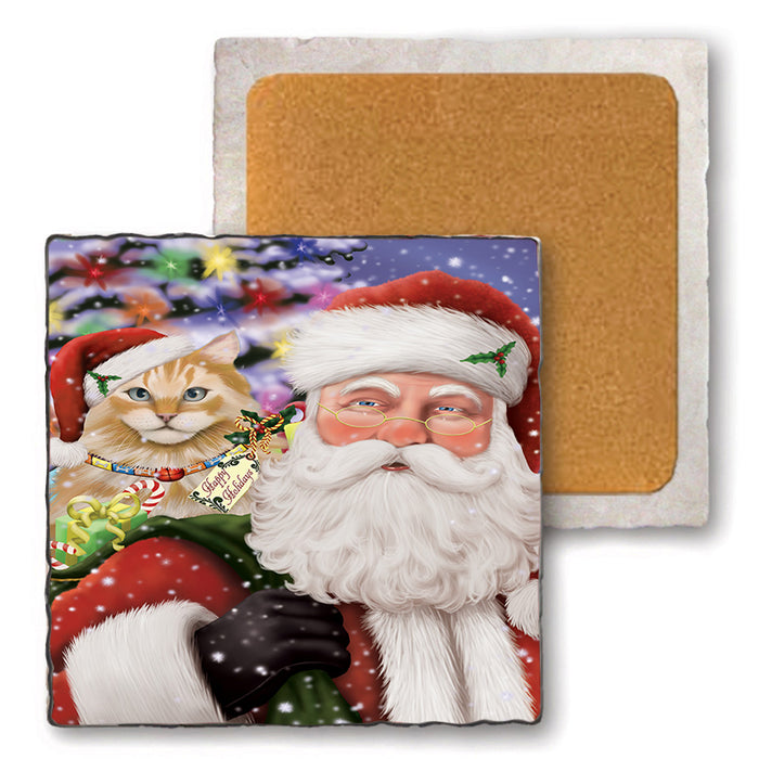 Santa Carrying Siberian Cat and Christmas Presents Set of 4 Natural Stone Marble Tile Coasters MCST50528