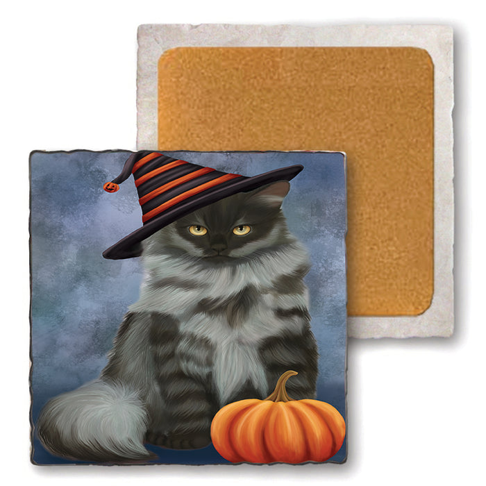 Happy Halloween Siberian Cat Wearing Witch Hat with Pumpkin Set of 4 Natural Stone Marble Tile Coasters MCST49809