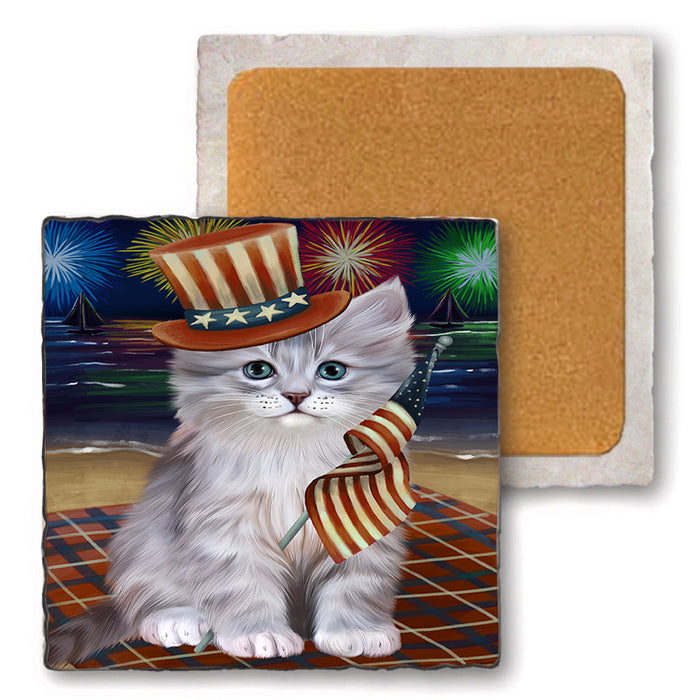 4th of July Independence Day Firework Siberian Cat Set of 4 Natural Stone Marble Tile Coasters MCST51850