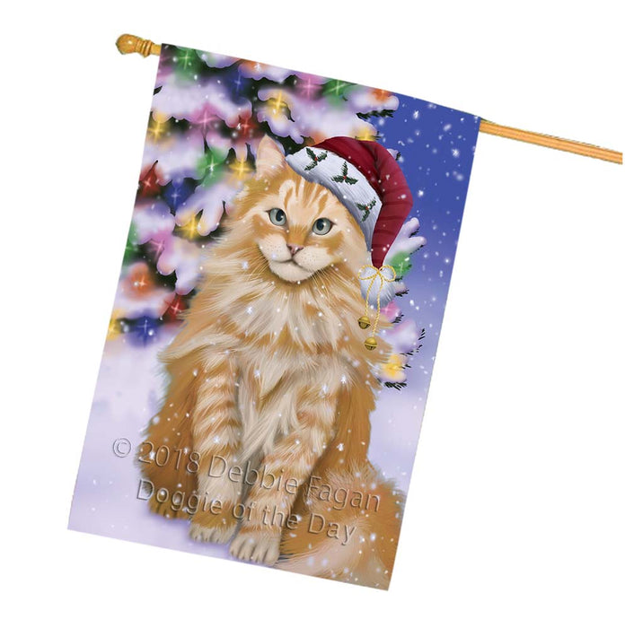 Winterland Wonderland Siberian Cat In Christmas Holiday Scenic Background House Flag FLG56154